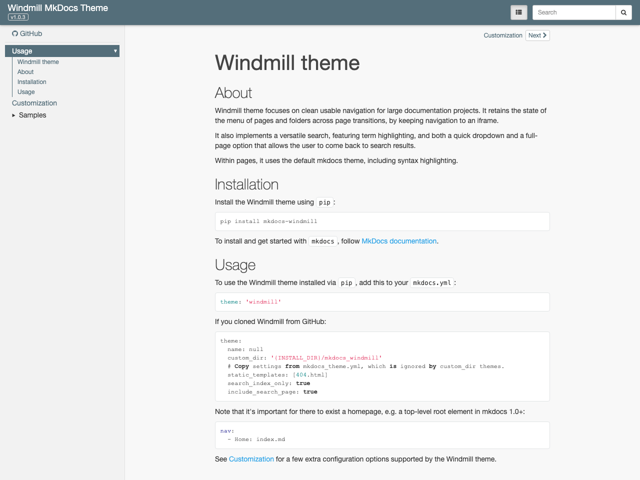 MkDocs Windmill screenshot
