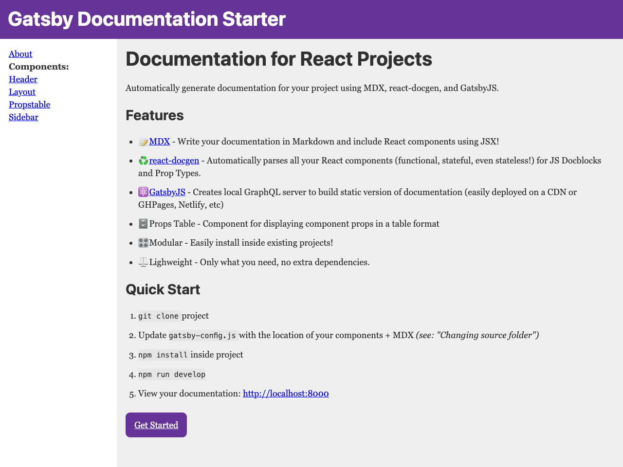 Gatsby Documentation Starter screenshot